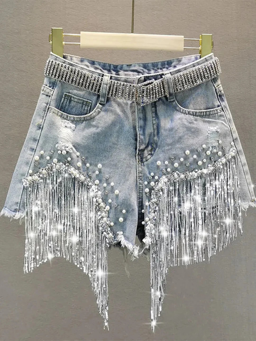 Handmade Sparkling Tassel Beaded Denim Shorts, Stagecoach High Waist Tassel , Fringe, Rave Clothe... | Etsy (US)