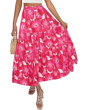 ZESICA Women's 2024 Summer Plaid Flower Print Elastic High Waist Flowy A Line Maxi Skirt with Poc... | Amazon (US)