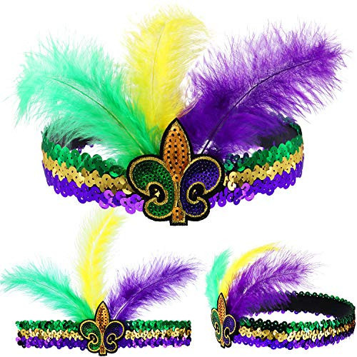 WILLBOND Mardi Gras Headband Sequin Headband for New Orleans Masquerade Mask Party Faux Feather Purple Cocktail Headwear(Floral) | Amazon (US)