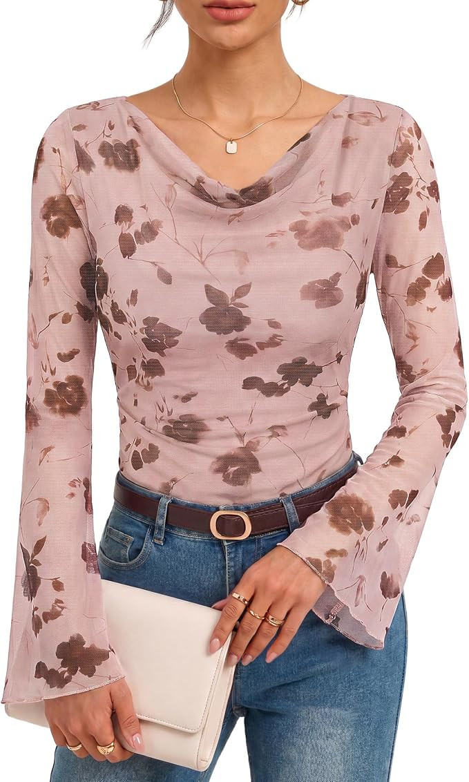 GRACE KARIN Women Boho Mesh Blouses Dressy Casual Cowl Neck Going Out Tops | Bell Long Sleeve Wor... | Amazon (US)