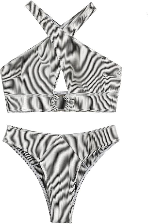 MakeMeChic Women's 2 Piece Swimsuit Striped Halter Criss Cross Cut Out Bikini Set | Amazon (US)