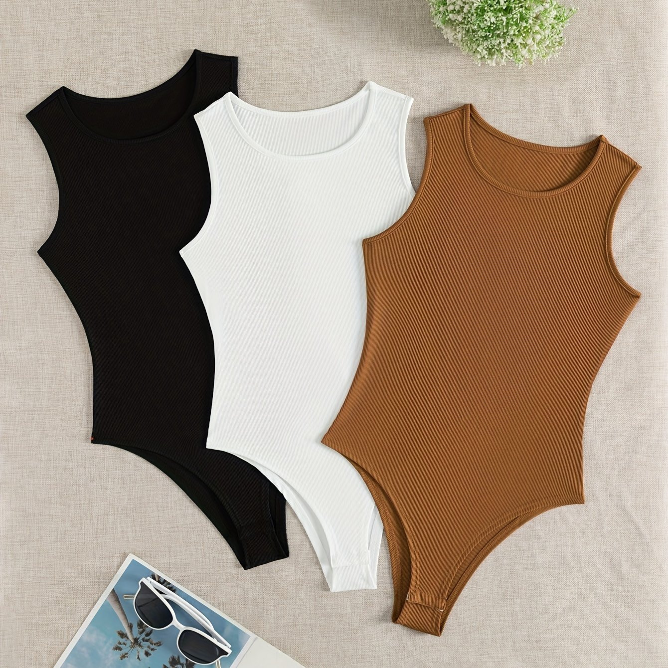 Solid Crew Neck Bodysuit 3 Pack, Casual Sleeveless Bodycon Bodysuit, Women's Clothing | Temu Affiliate Program