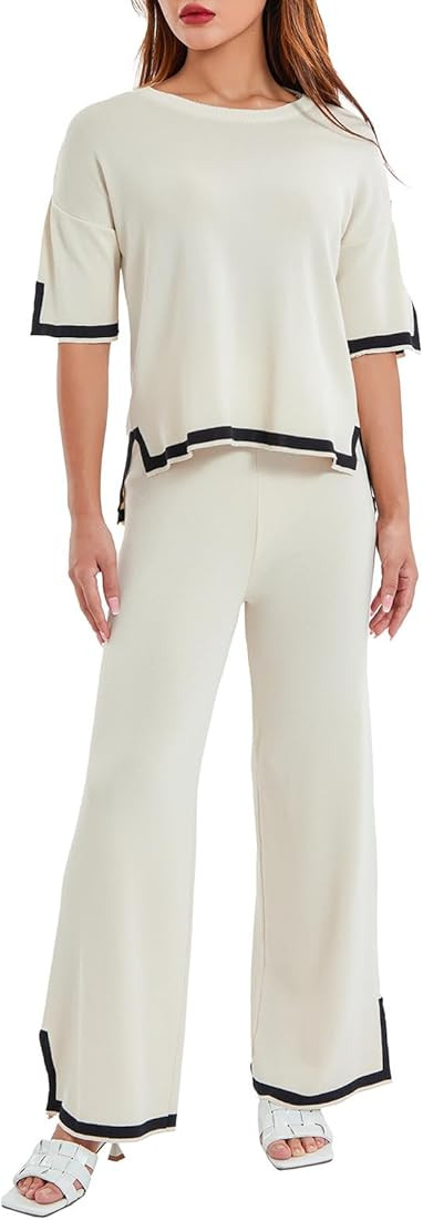 JCMoniDun Women's Two Piece Outfits Casual Sweater Set Loungewear Short Sleeve Crew Neck Tops Wid... | Amazon (UK)