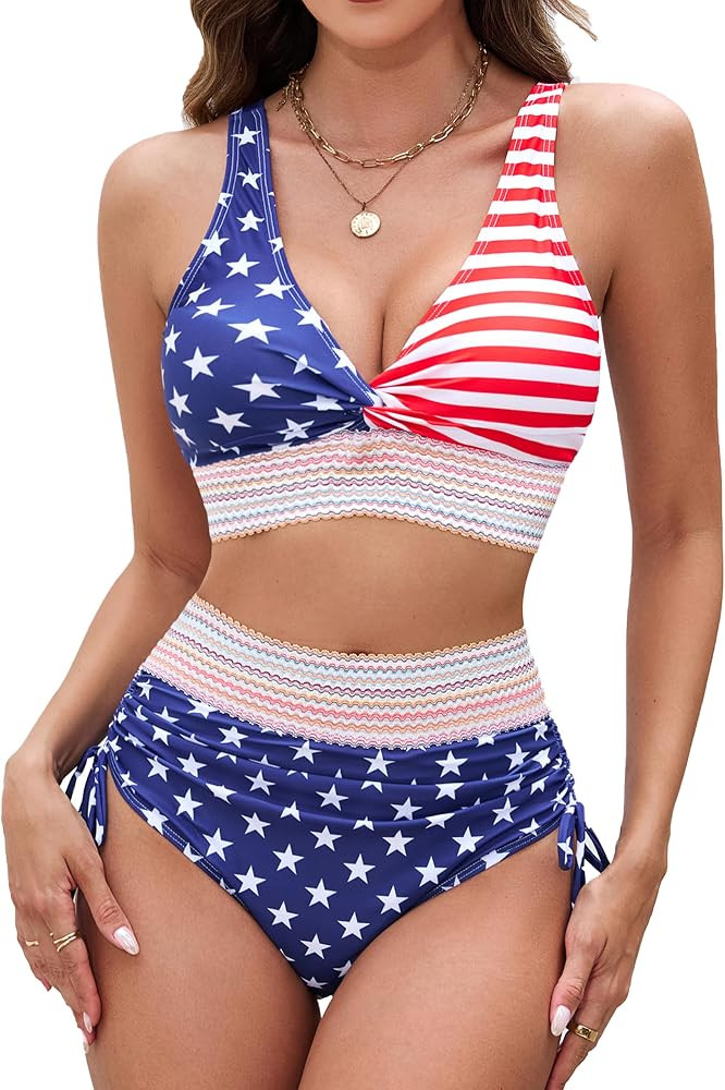 Edelqual Women High Waisted Bikini Sets Tummy Control Swimsuits Two Piece Bathing Swim Suits Summ... | Amazon (US)
