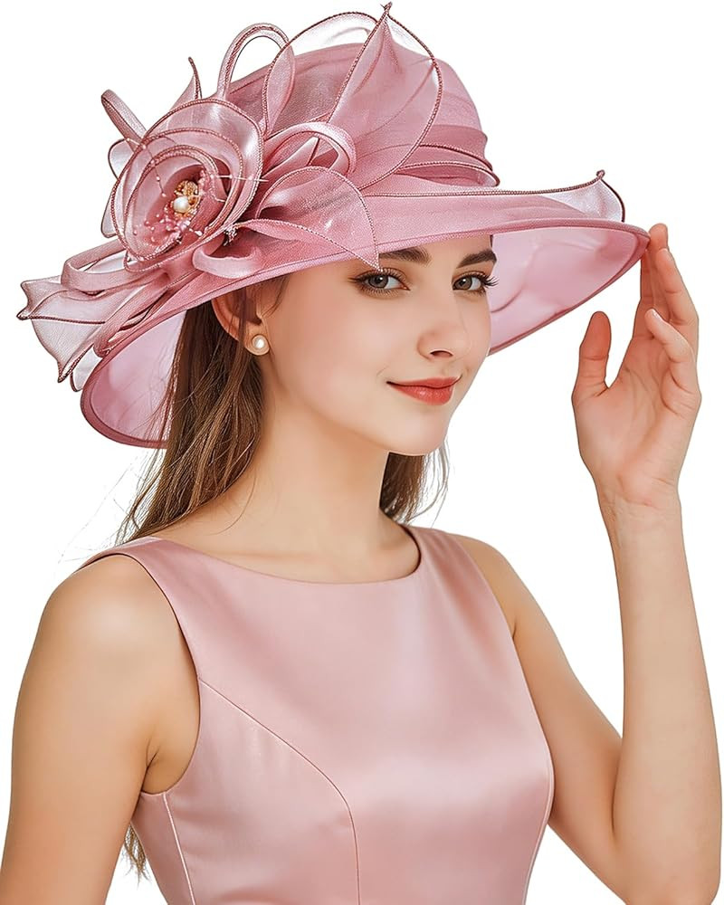 Z&X Organza Church Fascinator Wedding Tea Party Derby Hats for Women Flower Wide Brim Sun Hats | Amazon (US)