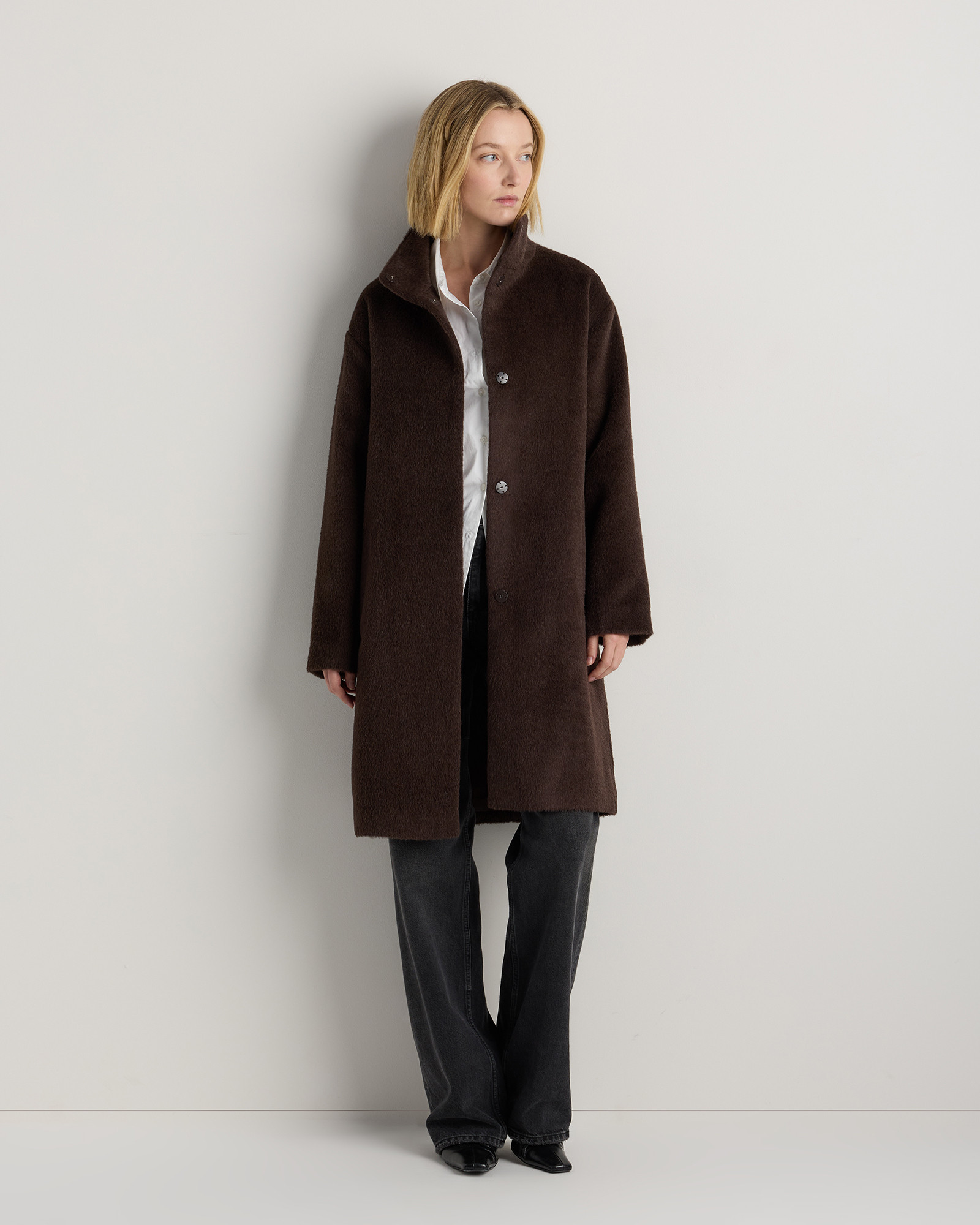 Quince | Women's Alpaca-Wool Stand Collar Coat in Coffee Bean Brown, Size XS | Quince