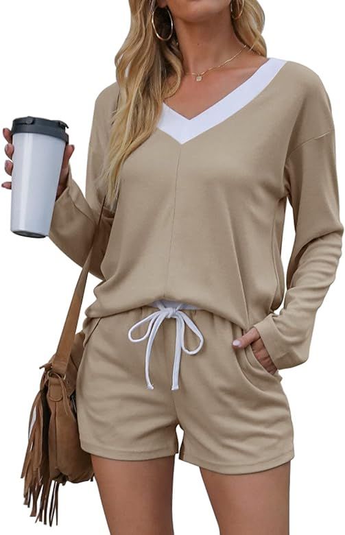 Panesare Women's Casual 2 Piece Outfits Sets Long Sleeve Knit Fall Loungewear Set with Pockets | Amazon (US)