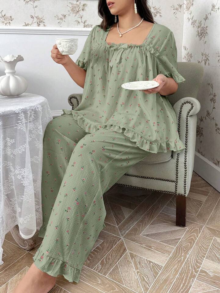 Plus Size Rose Print Square Neck Bow Decorated Short Sleeve Pajama Set | SHEIN