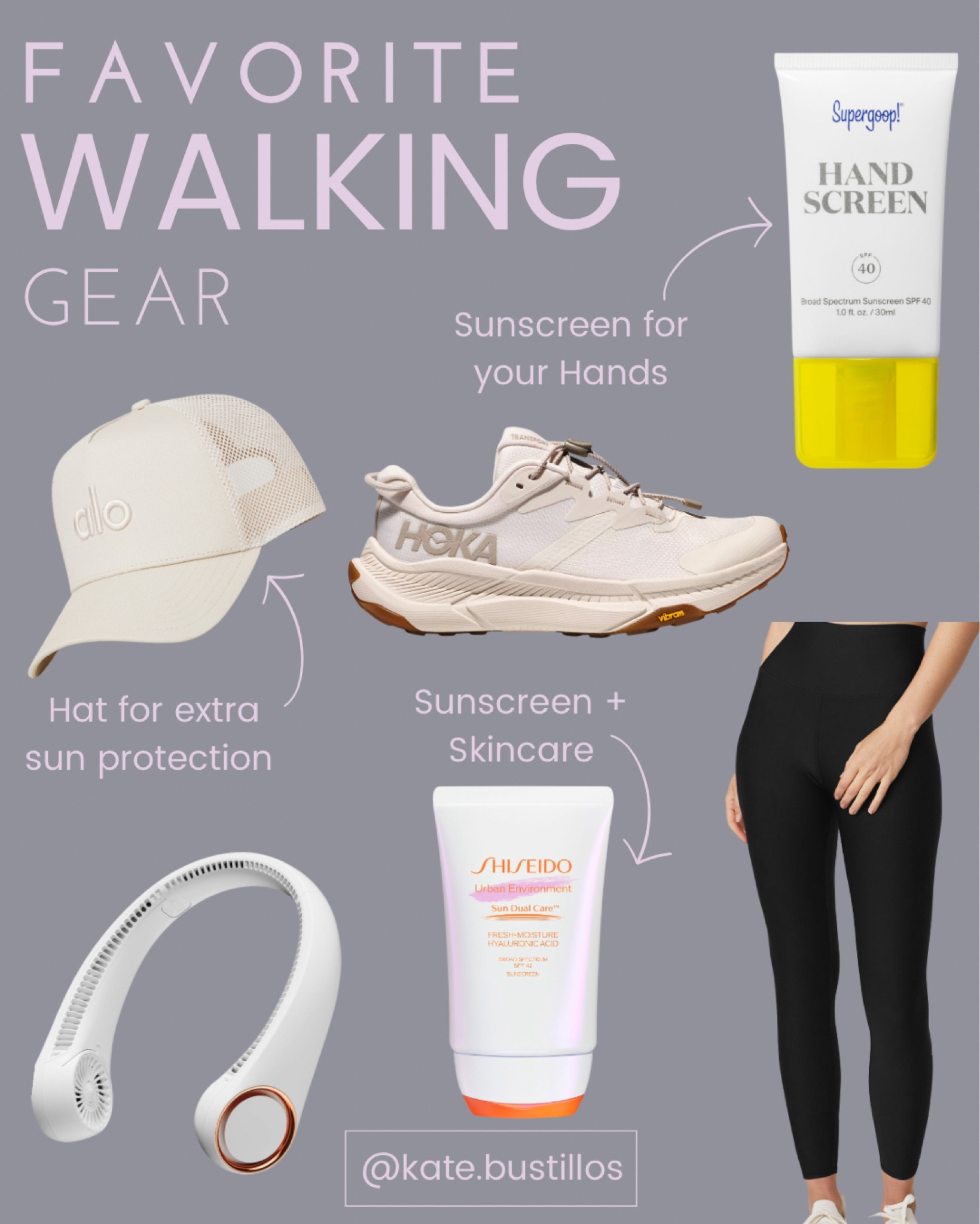 I love daily walks, and these are some of my must haves for daily walking! I keep this Handscreen in my car, purse and stroller, I love it that much! These Alo leggings I have had for years and IMO last longer than my LuLu pairs 🚶‍♀️ 

#LTKSeasonal #LTKActive #LTKshoecrush