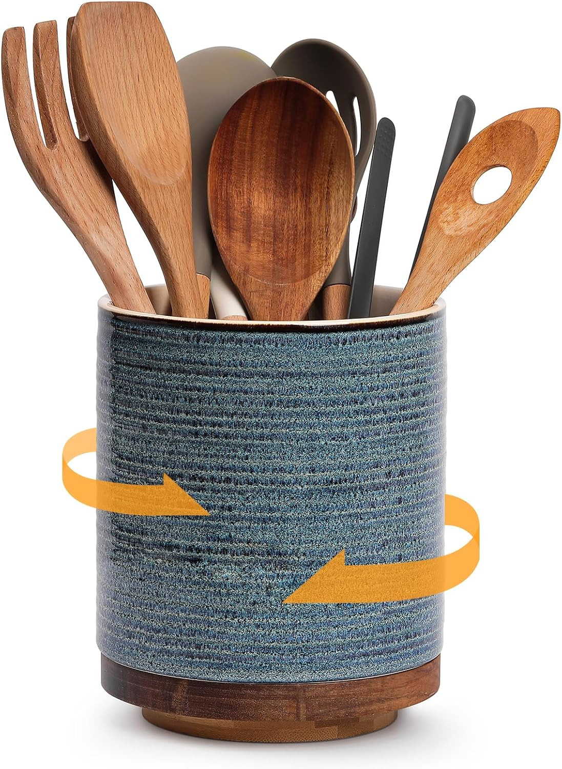 DOWAN 360° Rotating Extra Large Cooking Utensil Holder, 7.6" Kitchen Utensil Holder for Countertop, Utensil Crock for Farmhouse Kitchen Decor, Ceramic Stable Utensil Caddy, Blue | Amazon (US)