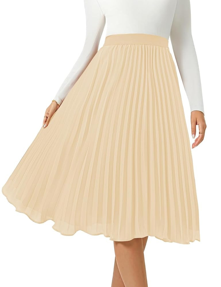 Women's Midi Skirt Elastic High Waist Pleated Skirt Knee Length Swing A-Line Casual Flowy Skirts ... | Amazon (US)
