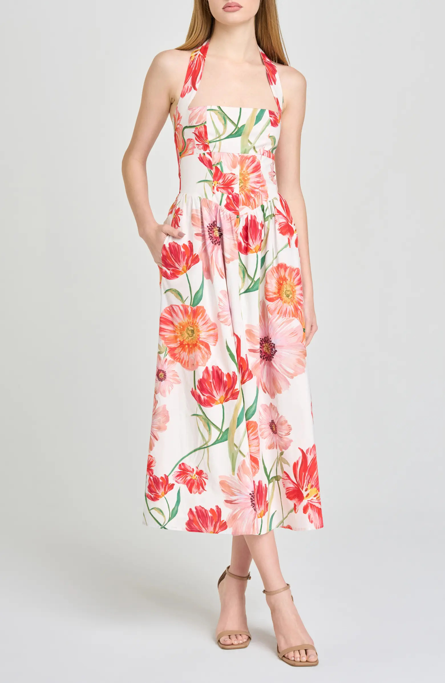 Camellia Floral Halter Neck Stretch Cotton Dress | Nordstrom
