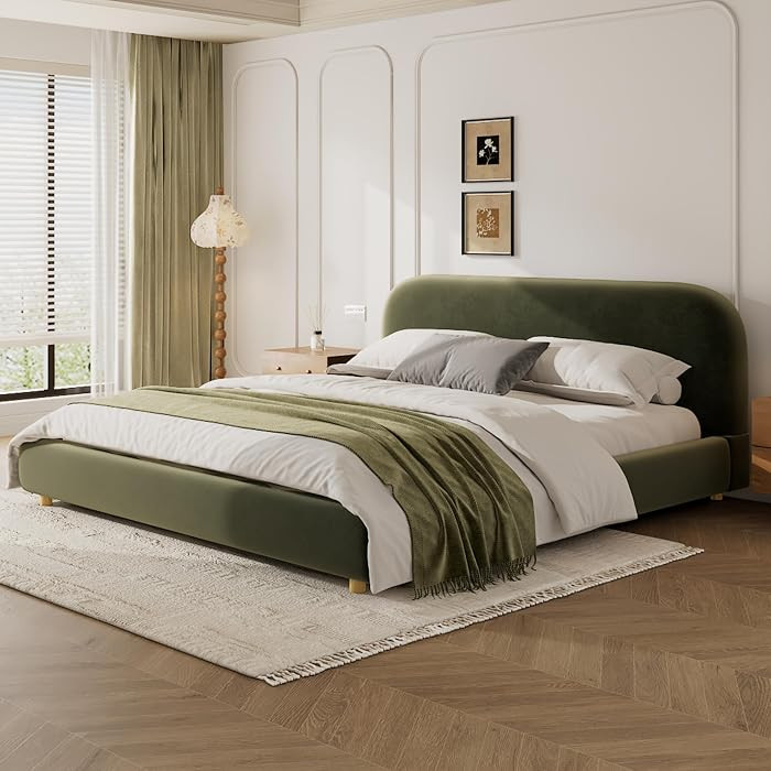 Merax King Size Teddy Fleece Thick Fabric Upholstered Platform Bed with Curved Shaped Headboard, ... | Amazon (US)