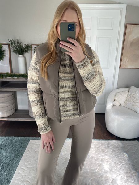 Best Walmart casual pieces! New puffer vest (sized up to large) with a space due crewneck knit sweater (size small) and flare leggings (sized up to large) 

#LTKfindsunder50 #LTKmidsize #LTKSeasonal
