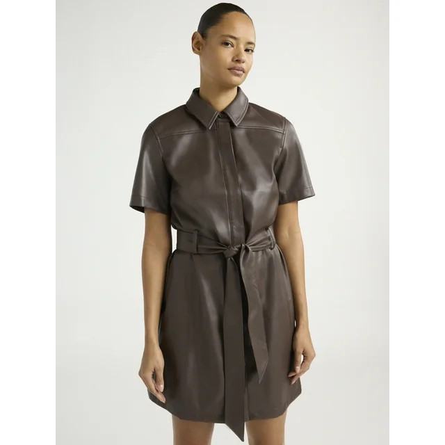 Scoop Women's and Women's Plus Faux Leather Collared Mini Shirt Dress with Short Sleeves, Sizes X... | Walmart (US)