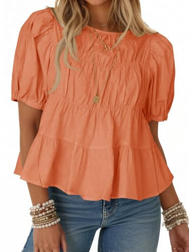 Tankaneo Womens Puff Sleeve Peplum Babydoll Tops Summer Smoked Pleated Cotton T-Shirts Casual Loose Fit Flowy Blouse Orange | Amazon (US)