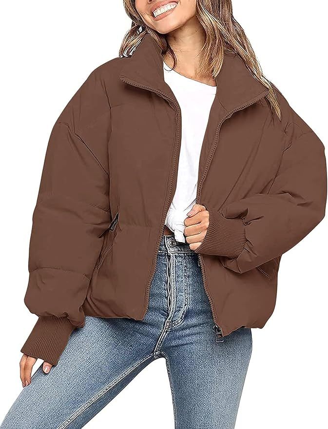 ZCSIA Women's Winter Long Sleeve Full Zipper Oversized Baggy Puffer Short Down Jacket Coat,Coffee... | Amazon (US)