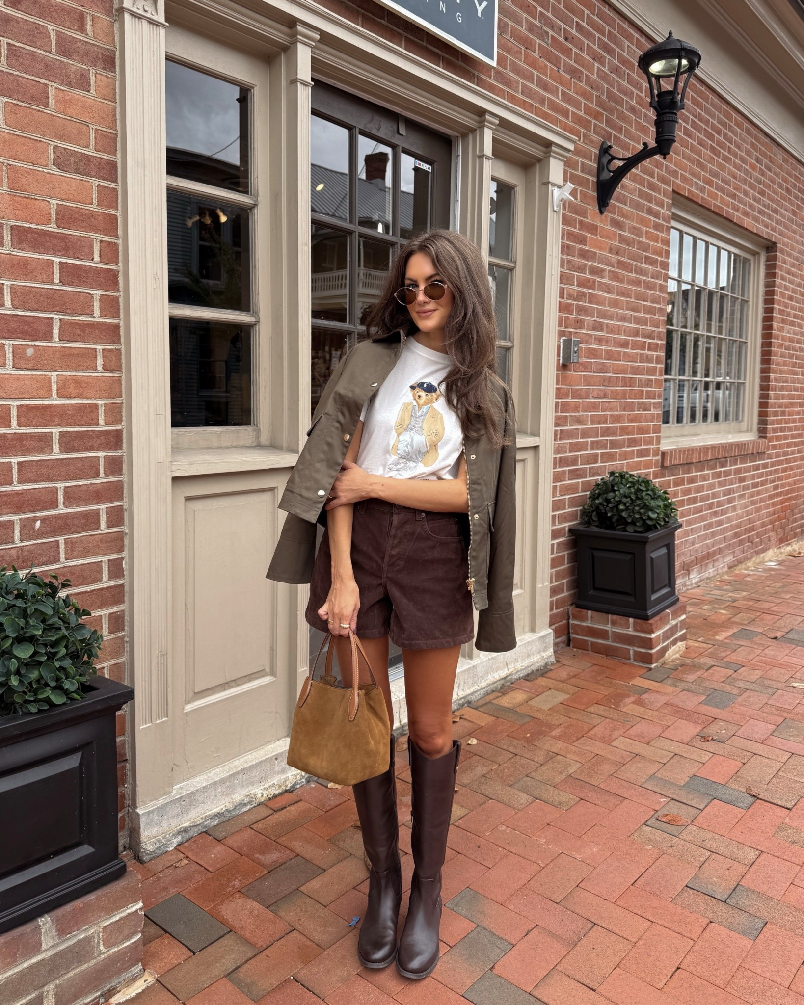 Fall transitional outfit 🍂 shorts are on sale!!! The fit is TTS. 

Abercrombie sunglasses, Ralph Lauren tee, barn jacket, suede shorts, free people, Madewell, riding boots 

#LTKSeasonal #LTKFamily #LTKTravel