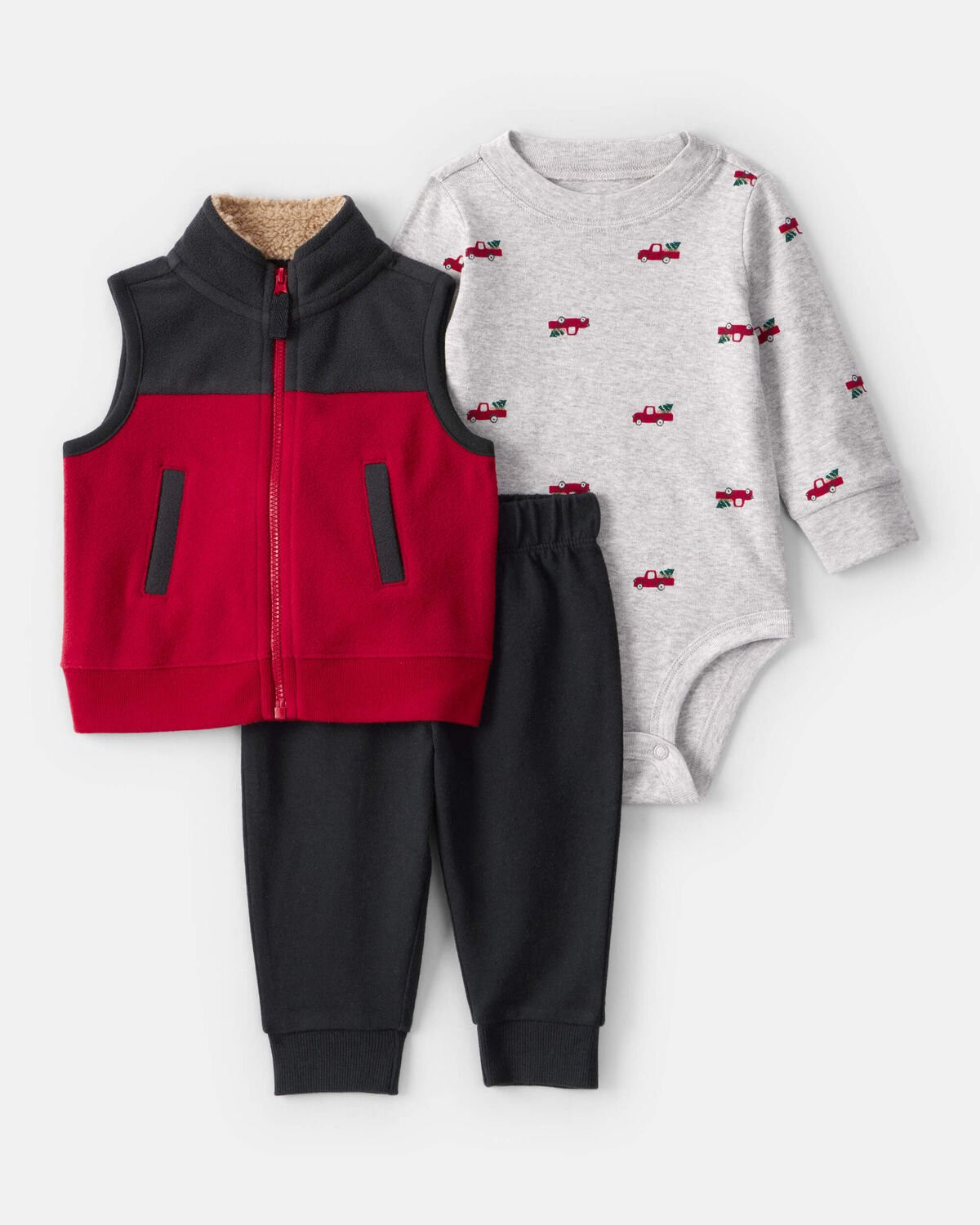 Baby Boy 3-Piece Christmas Tree & Truck Print Vest, Bodysuit & Pant Set - Red/Black/Grey | Carter's Inc