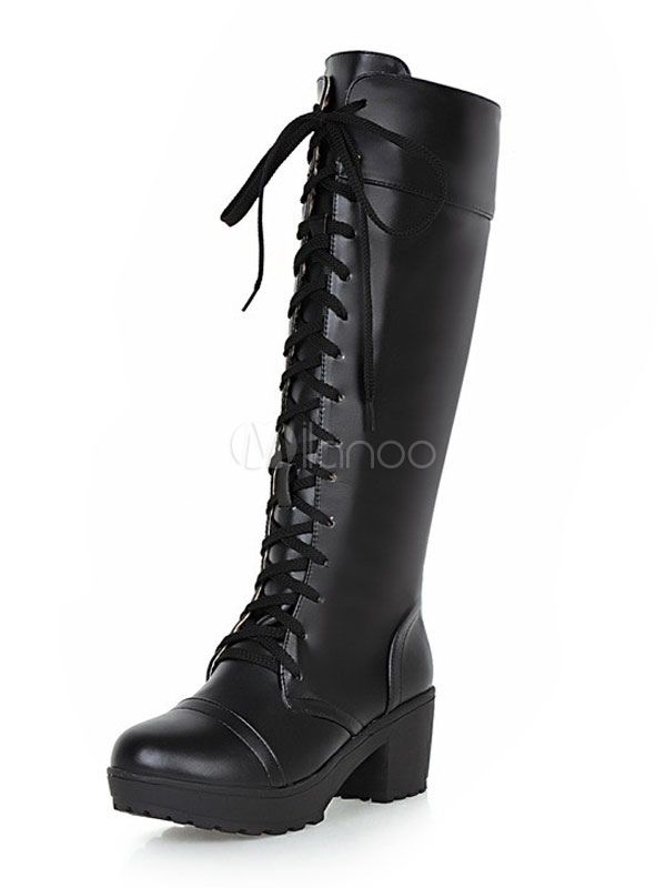 Black Combat Boots Lace Up Boots Round Toe Mid Calf Boots For Women | Milanoo