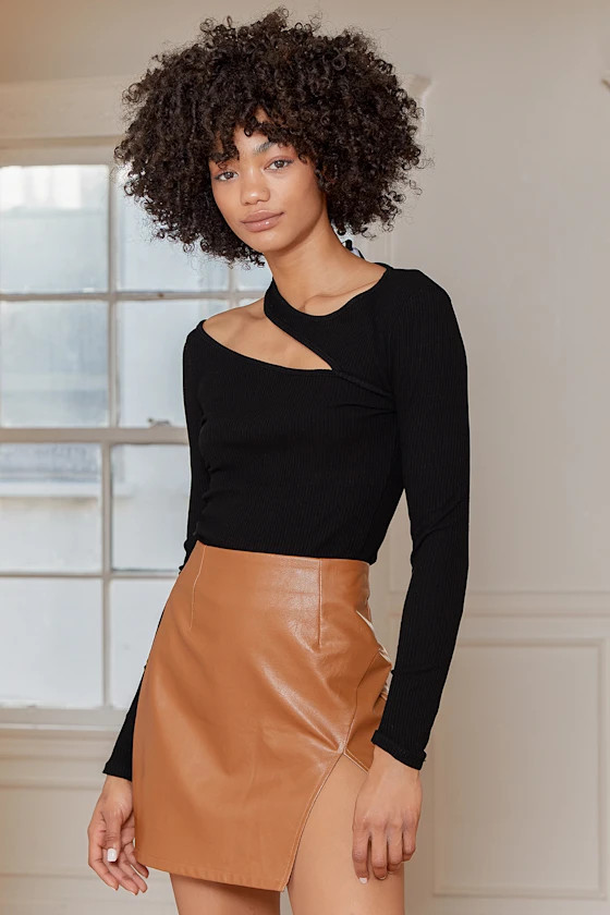 Marlene Black Ribbed Long Sleeve Cutout Top | Lulus (US)