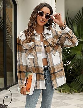 Himosyber Womens Casual Brushed Plaid Lapel Button Down Shacket Shirt Coat Jacket | Amazon (US)