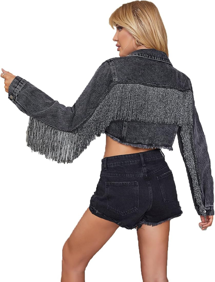 YILANUOYI Women’s Crop Denim Jacket Tassel Casual Jean Coat With Fringe | Amazon (US)