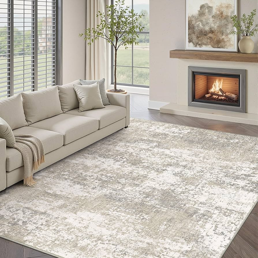 Modern Abstract Beige Gray Area Rug 8x10 Machine Washable Large Carpet Neutral Kitchen Indoor Acc... | Amazon (US)