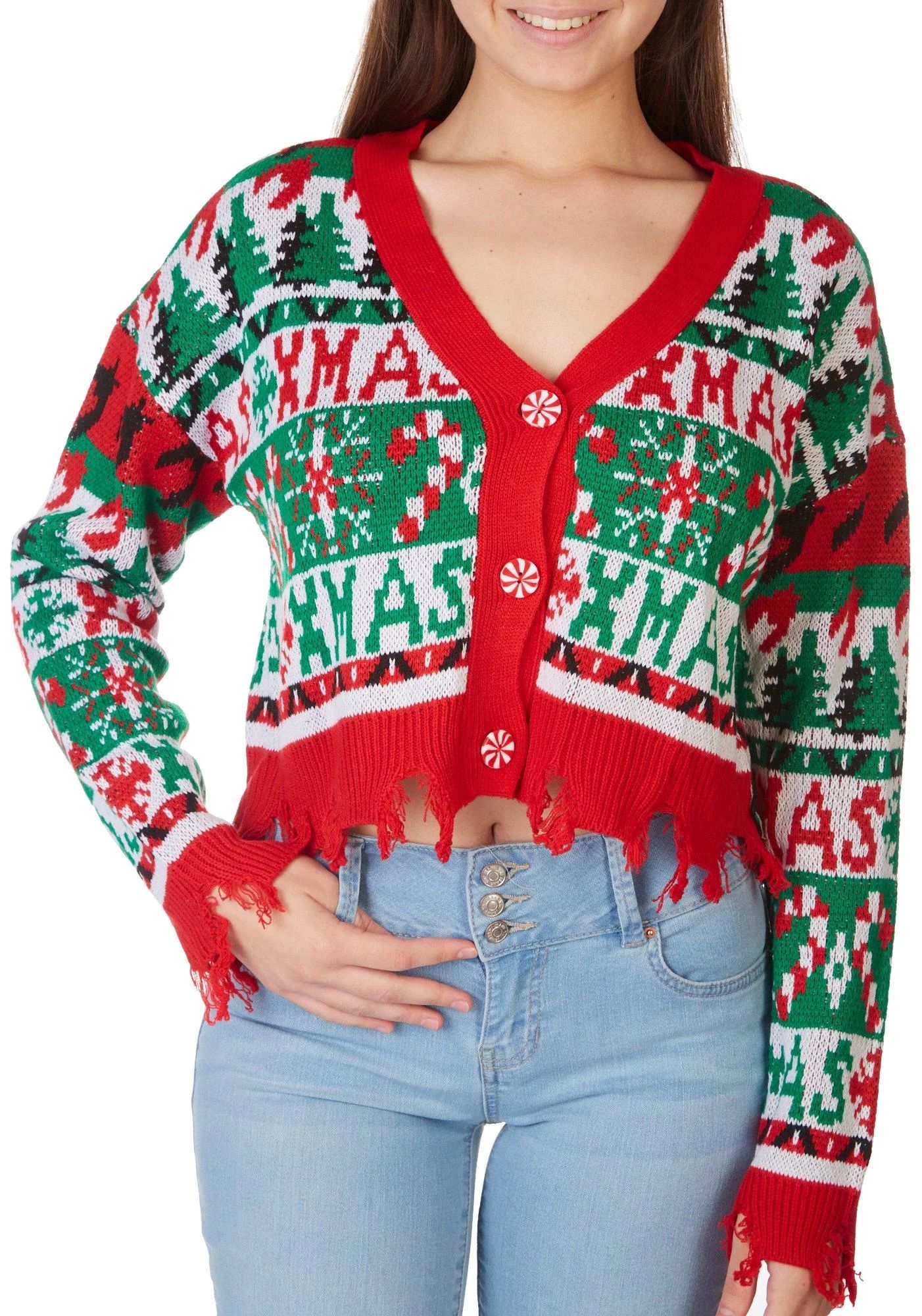 Derek Heart Junior Distressed Cropped Christmas Cardigan Medium Red multi | Walmart (US)