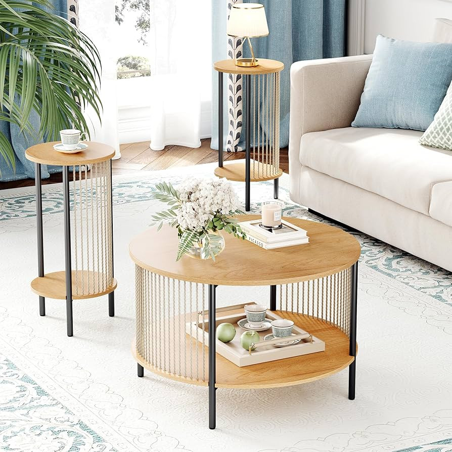 Yechen 3-Piece Boho Coffee Table Set with Hand-Woven Natural Rope, 2 Tier Wooden Round Coffee Tab... | Amazon (US)