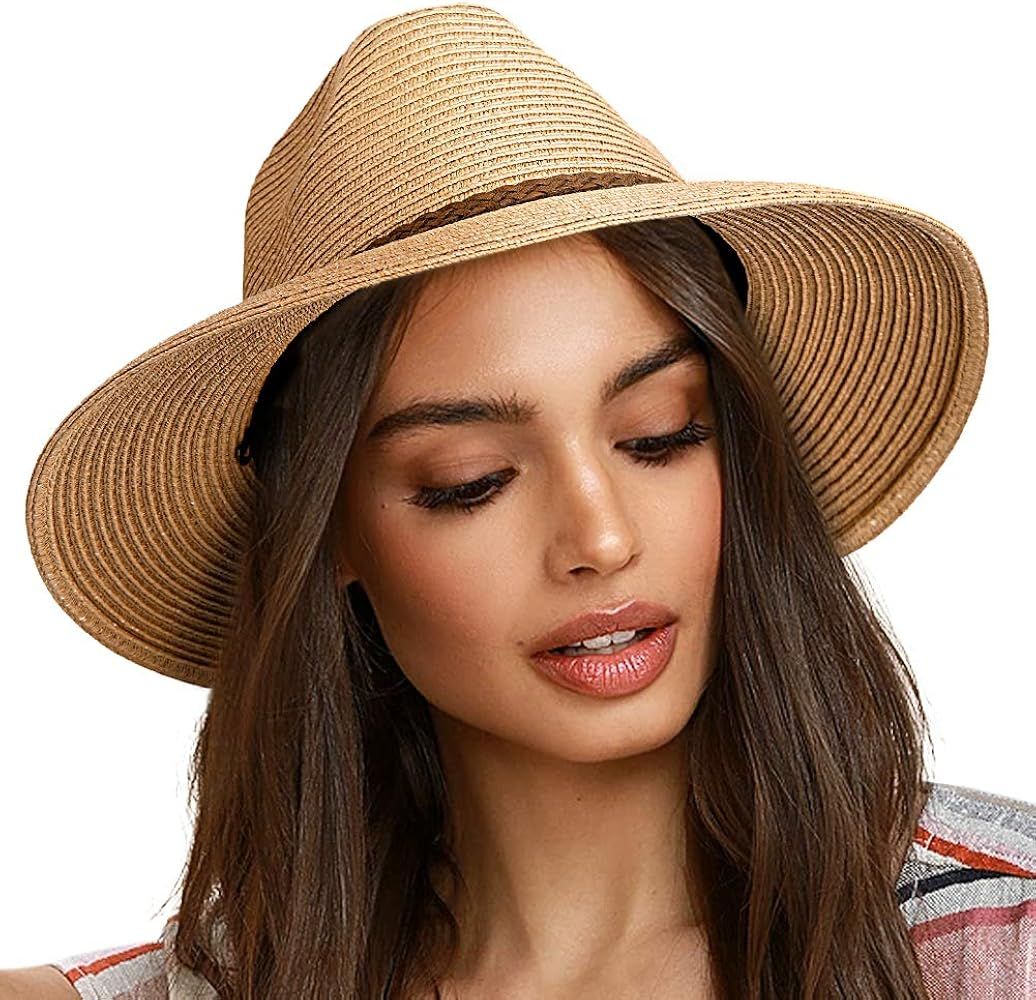 Sun Hats for Women Summer Wide Brim UV UPF 50+ Panama Fedora Foldable Packable Straw Beach Hat | Amazon (US)