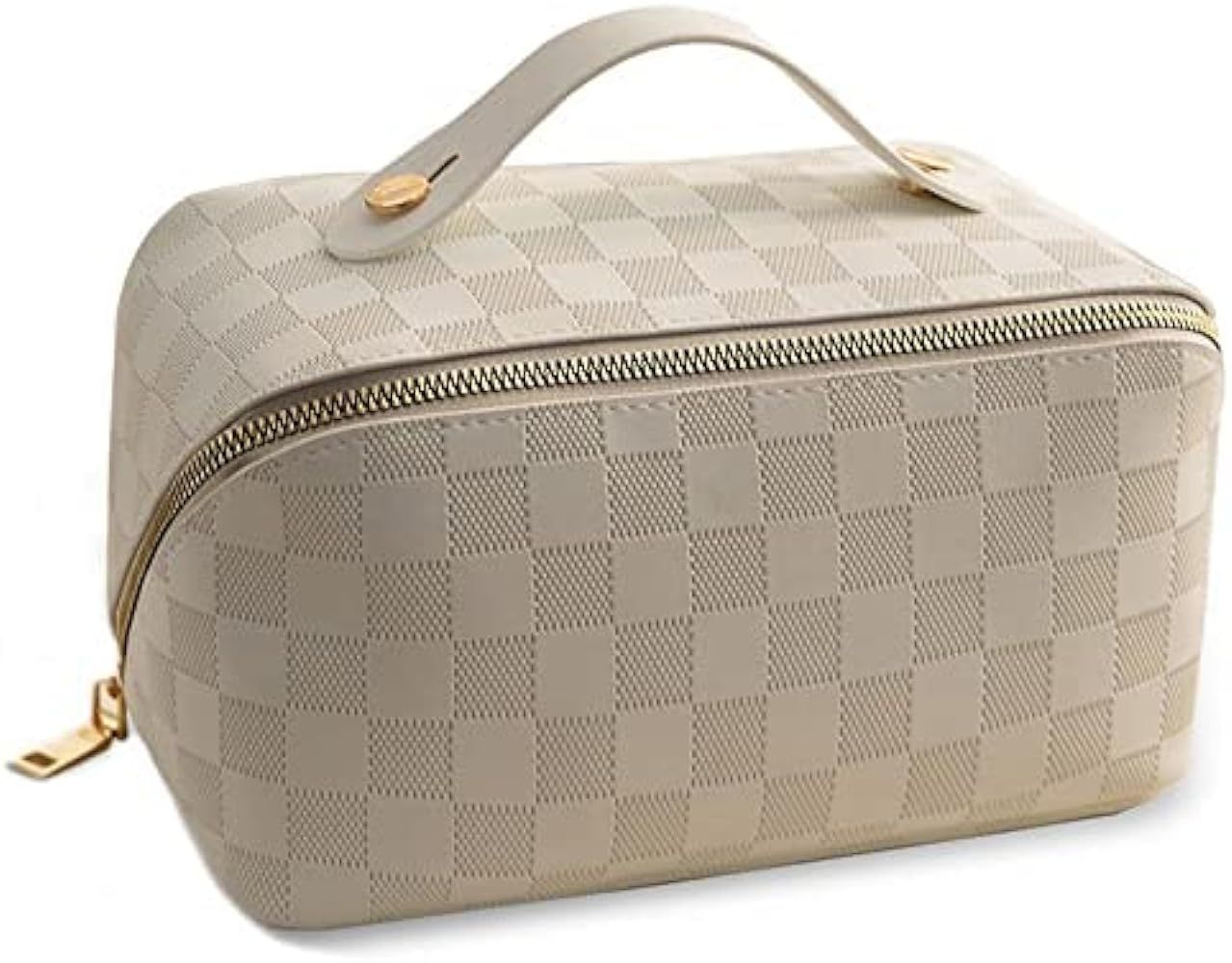 Large Capacity Travel Cosmetic Bag Plaid Checkered Makeup Bag Portable Leather Waterproof Skincare B | Amazon (US)
