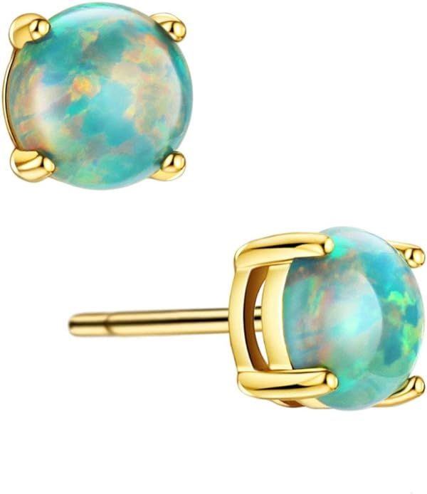 Sterling Silver Opal Stud Earrings for Women 18K Gold Plated 5mm Solitaire Opal 4 Prongs Setting ... | Amazon (US)