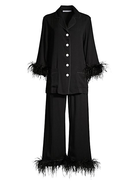 2-Piece Black Tie Feather Trim Pajama Set | Saks Fifth Avenue