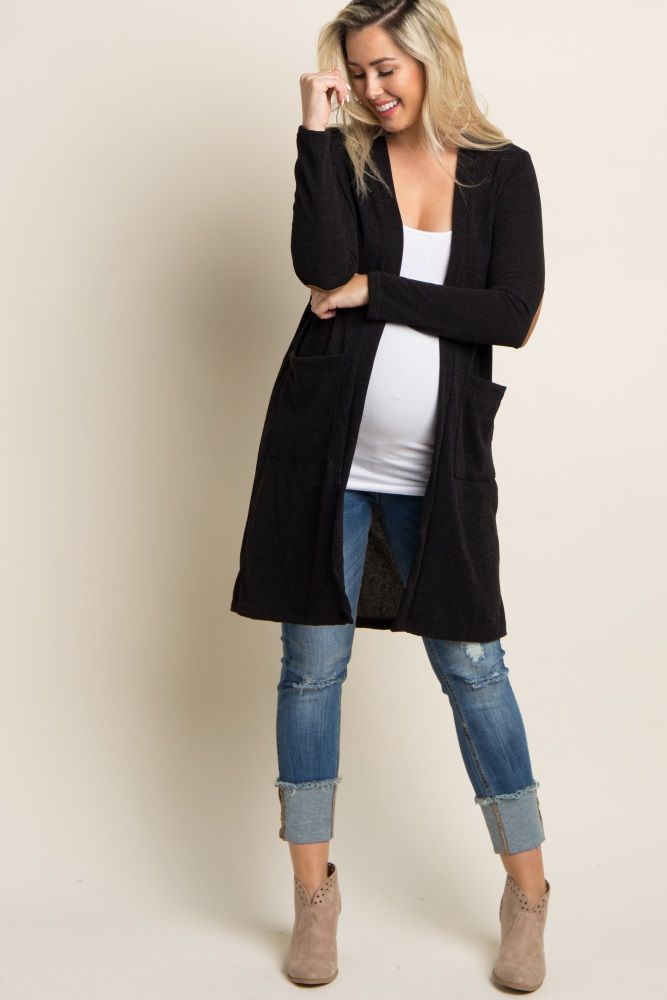 Black Suede Elbow Patch Long Maternity Cardigan | PinkBlush Maternity