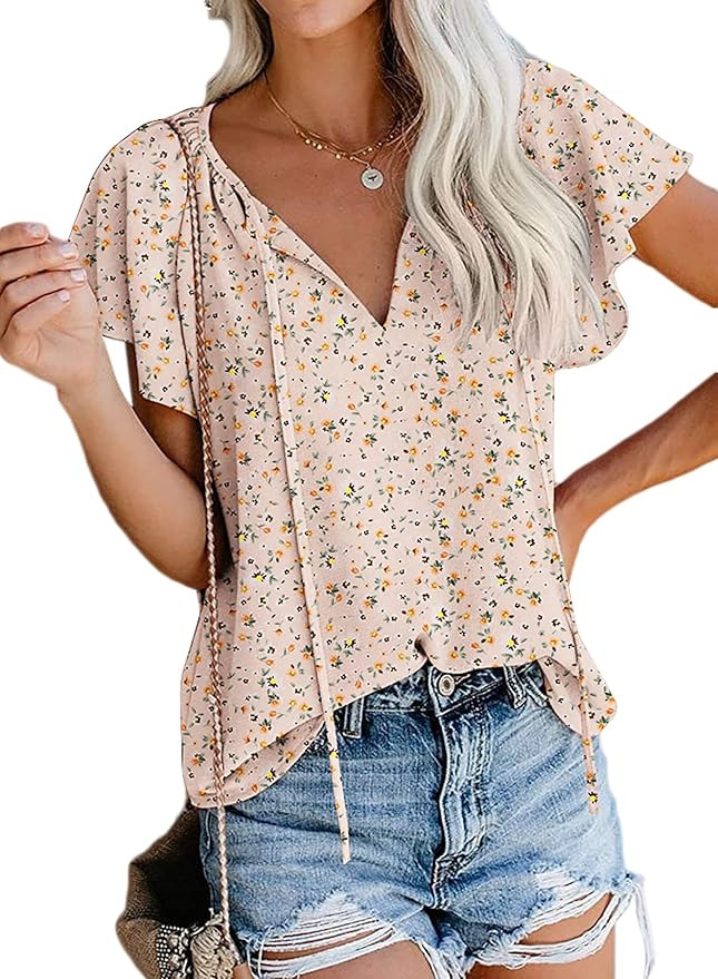 SimpleFun Women's Boho Tops Floral V Neck Short Sleeve Summer Blouse Shirts | Amazon (US)