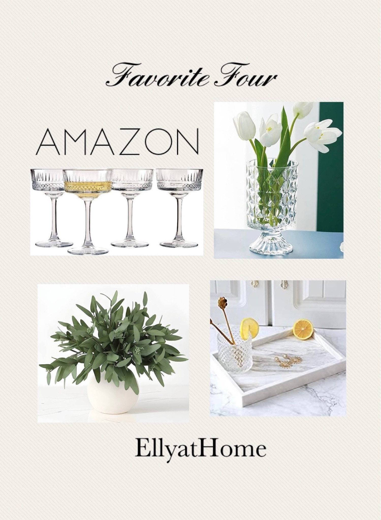 Amazon Favorite Four. Shop coupe glasses, faux greenery, glass vases, marble trays. More faux florals, trays. Elegant home decor accessories. Interior styling. Classic, modern traditional, chic, transitional, cottage home style. Free shipping. Some selections on sale.  

#LTKsalealert #LTKunder50 #LTKhome