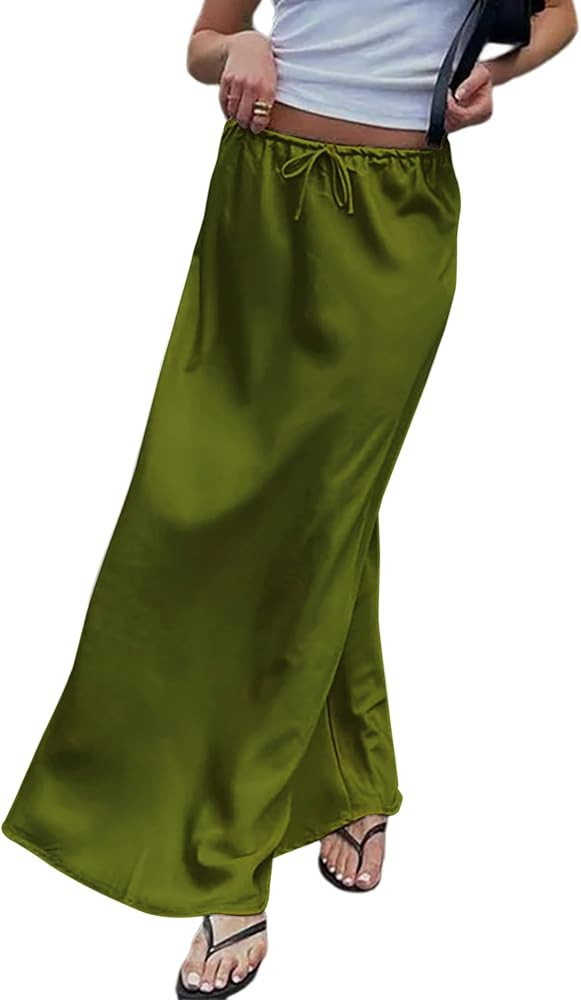 Meladyan Woman Drawstring High Elastic Waist Maxi Long Skirt A Line Flare Solid Slim Fitted Going... | Amazon (US)