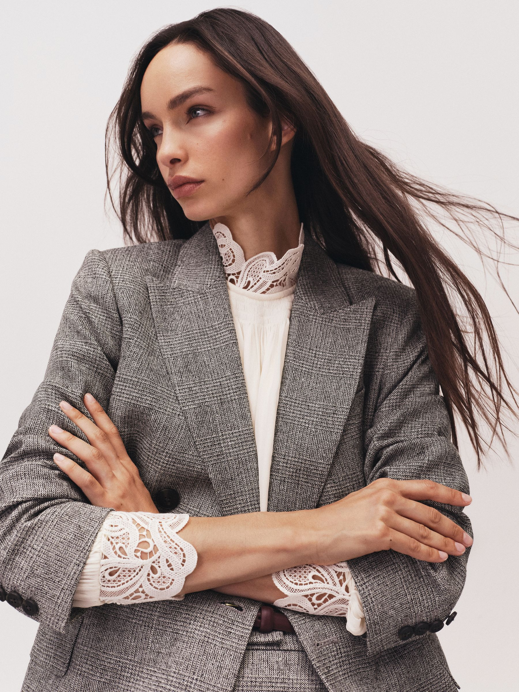 Lace-Trim Draped Chiffon Top in Cream | Reiss UK