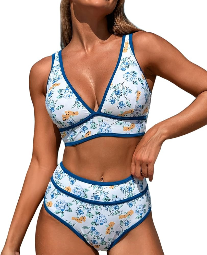 High Waisted Bikini Sets Womens Cheeky Two Piece Swimsuit V Neck Color Block Bathing Suit | Amazon (US)