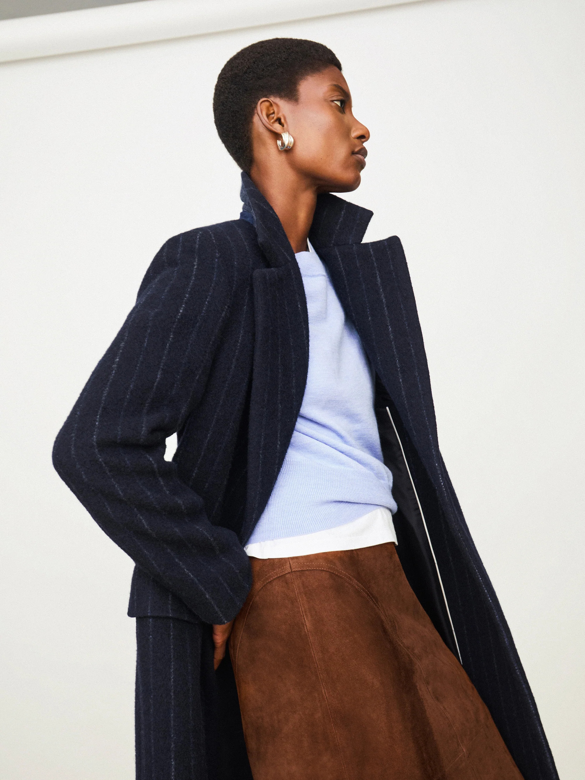 Chalk Stripe Maxi City Coat | Navy | Jigsaw (UK)