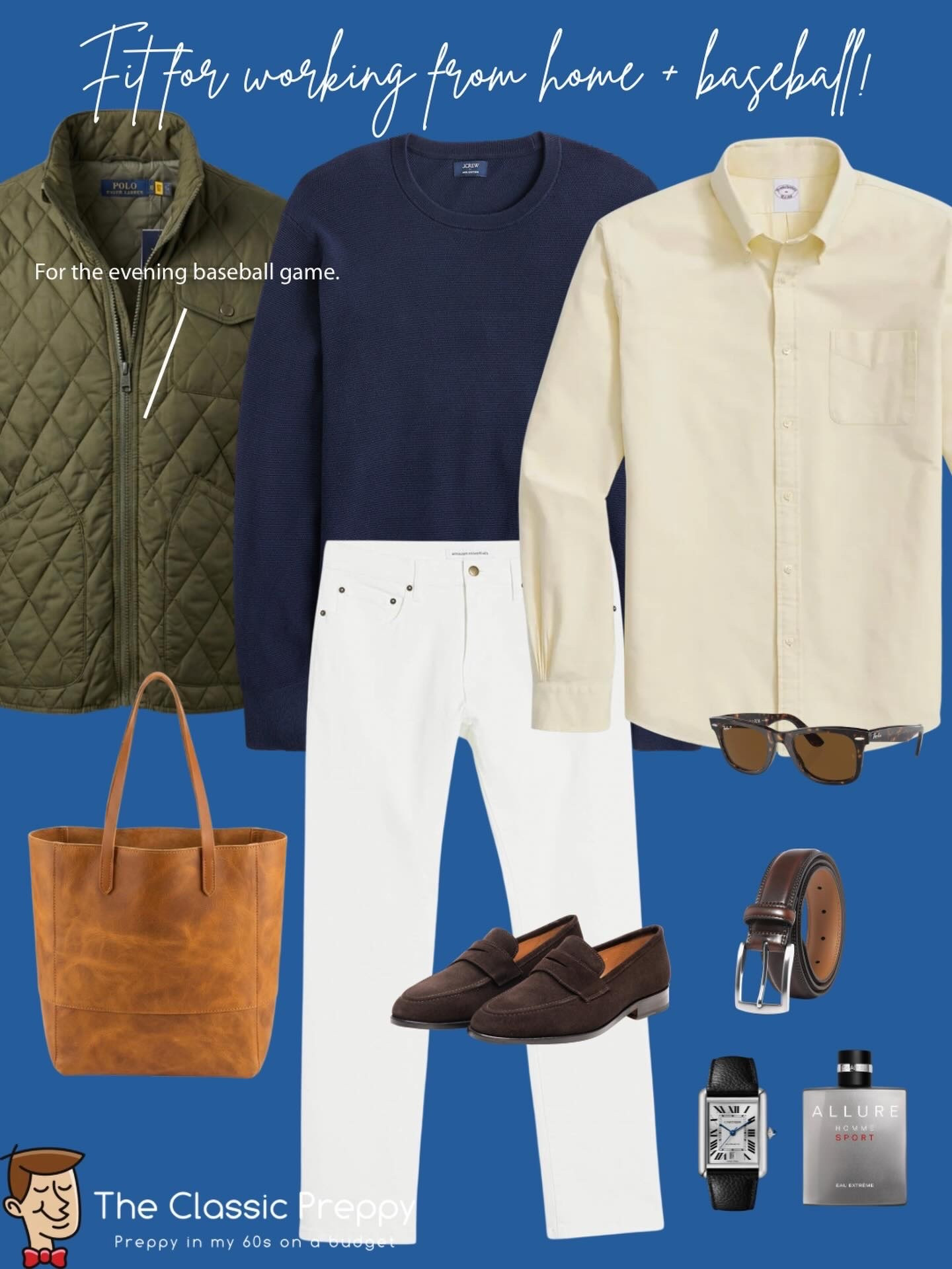 Spring elevated preppy style for working from home and high school baseball.

🟡 Yellow OCBD: @brooksbrothers 
🔵 Navy cotton crewneck: @jcrewfactory 
⚪️ White jeans: @amazonfashion 
🟤 Suede loafers: @casuccio1956 
🟤 Leather tote: @mercatinocountry 
🟢 Quilted jacket: @poloralphlauren 
⌚️ Watch: @cartier 
🕶 Sunglasses: @rayban 
🌫 Fragrance: @chanelofficial 

One of my favorite spring formulas lately: a classic OCBD, lightweight sweater, white denim, and a quilted jacket for cool mornings and late inning baseball games. ⚾️