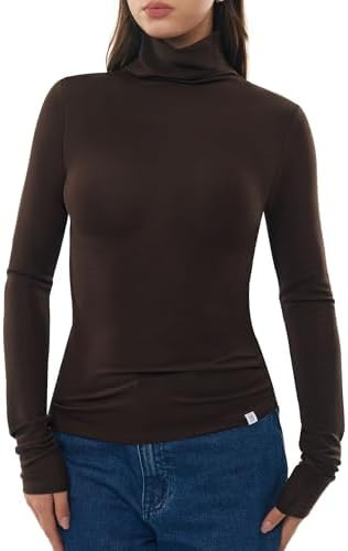 Women's Turtleneck Long Sleeve Merino Wool Blend Shirts Fitted Going Out Tops Basic Tees Cozy Emb... | Amazon (US)