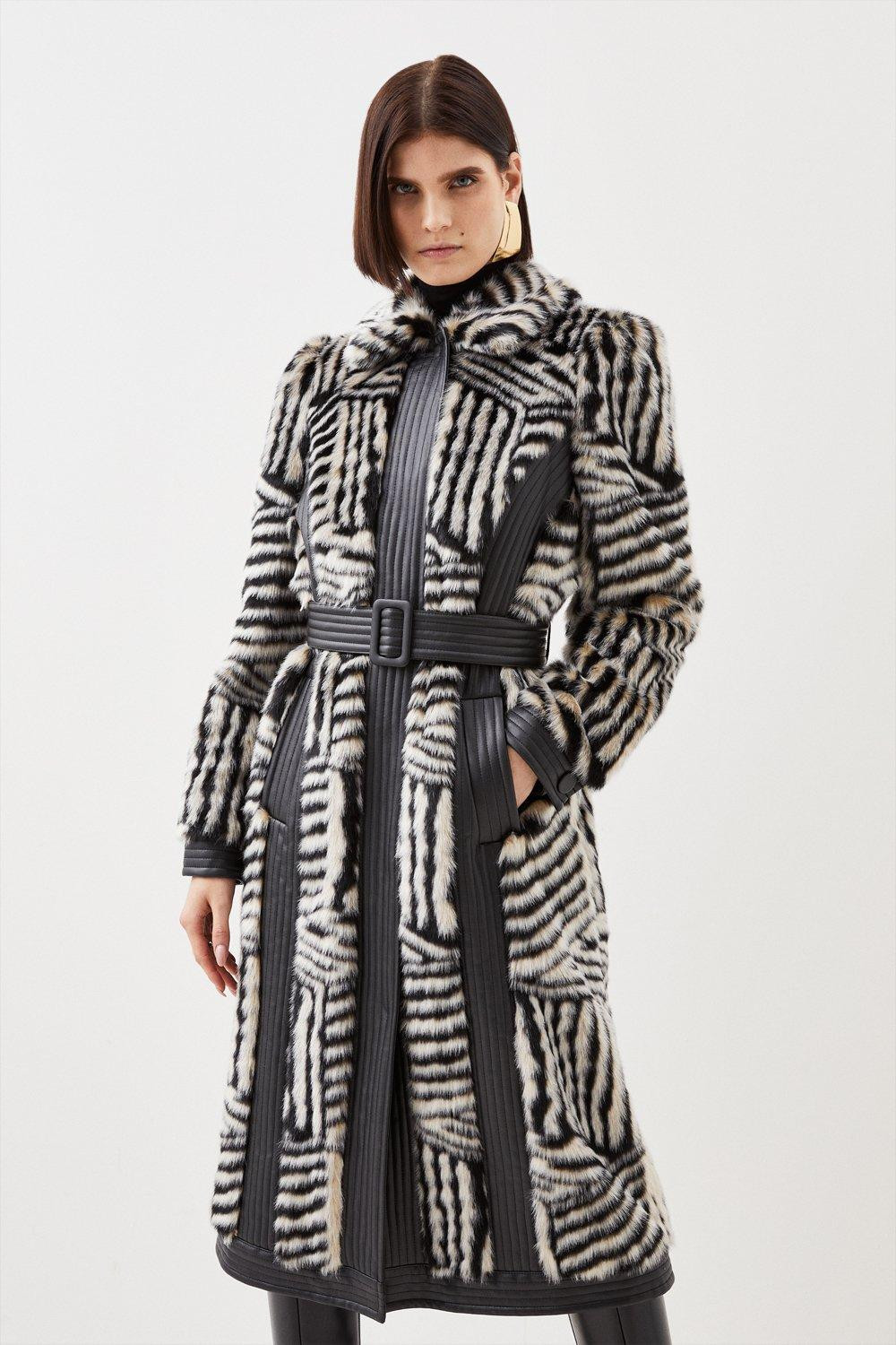 Faux Fur Pu Panelled Stripe Belted Coat | Karen Millen UK + IE + DE + NL