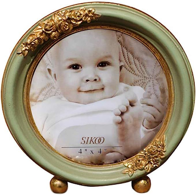 SIKOO 4x4 Vintage Mini Round Rustic Picture Frame Antique Baby Small Tabletop and Wall Hanging Fa... | Amazon (US)
