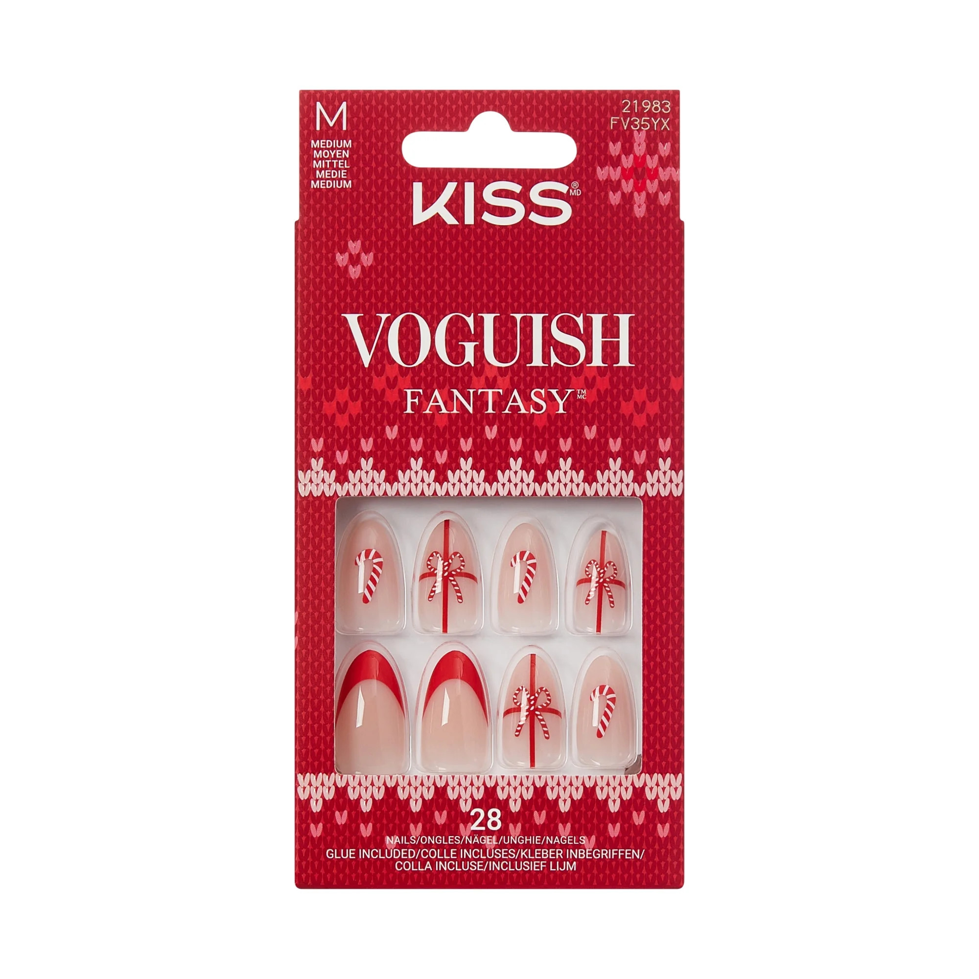 KISS Voguish Fantasy Holiday Press On Nails Almond, ‘Warm n Cozy’, Red, Medium, 28 Count | Walmart (US)