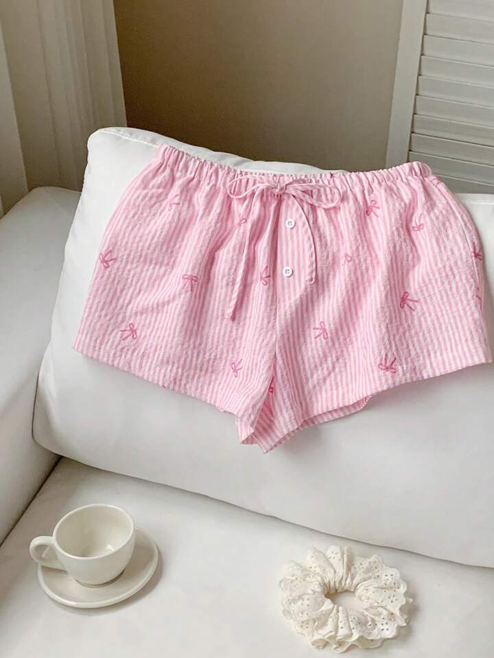 Comfortcana Summer Elegant Stripe Print Sweet Pink Bow Striped Low Waisted Elastic Shorts | SHEIN