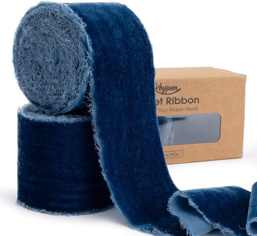Blue Velvet Ribbon 2-1/2 Inch x 6 Yd Handmade Frayed Vintage Wide Ribbons for Christmas Tree Home... | Amazon (US)