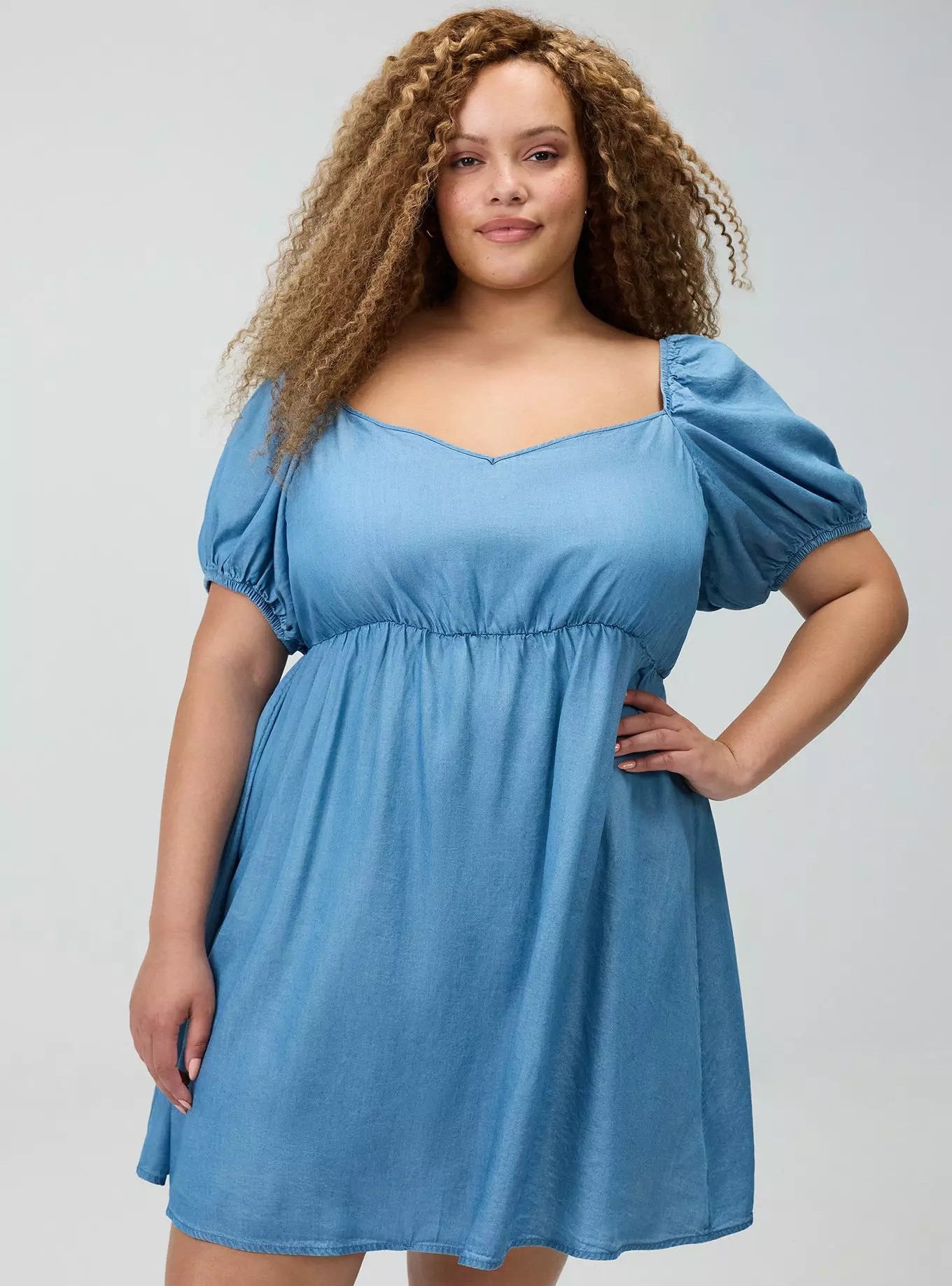 Chambray Puff Sleeve Mini Dress | Torrid (US & Canada)
