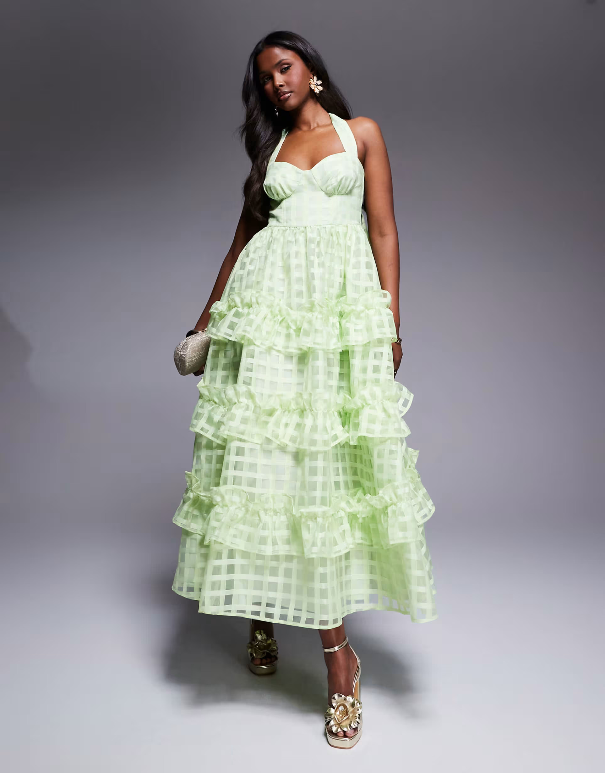 ASOS LUXE textured organza plaid halter maxi dress in bright green | ASOS | ASOS (Global)